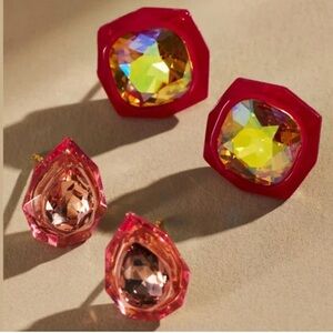 NWT | Anthropologie Square & Dewdrop Resin + Crystal Earrings Set | Pink + Red